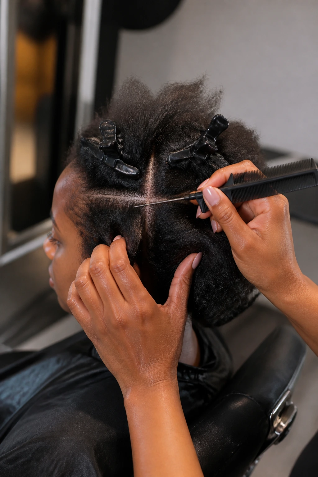 Salon scene close-up showing tools and hands parting hair for braids on a real client.