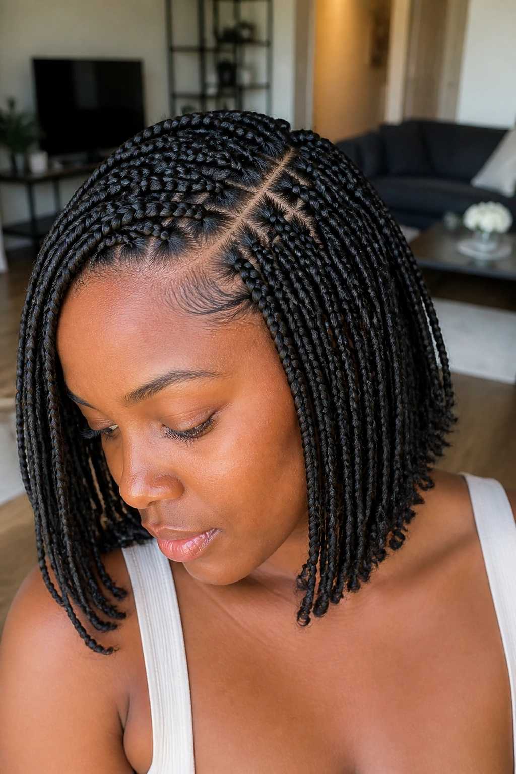 Shoulder-length braided bob on a real woman.