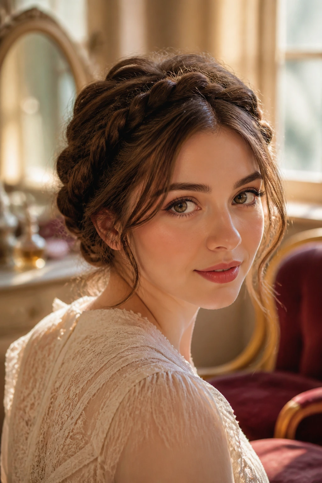 Close-up portrait of a woman with a face-framing braid in warm vintage light