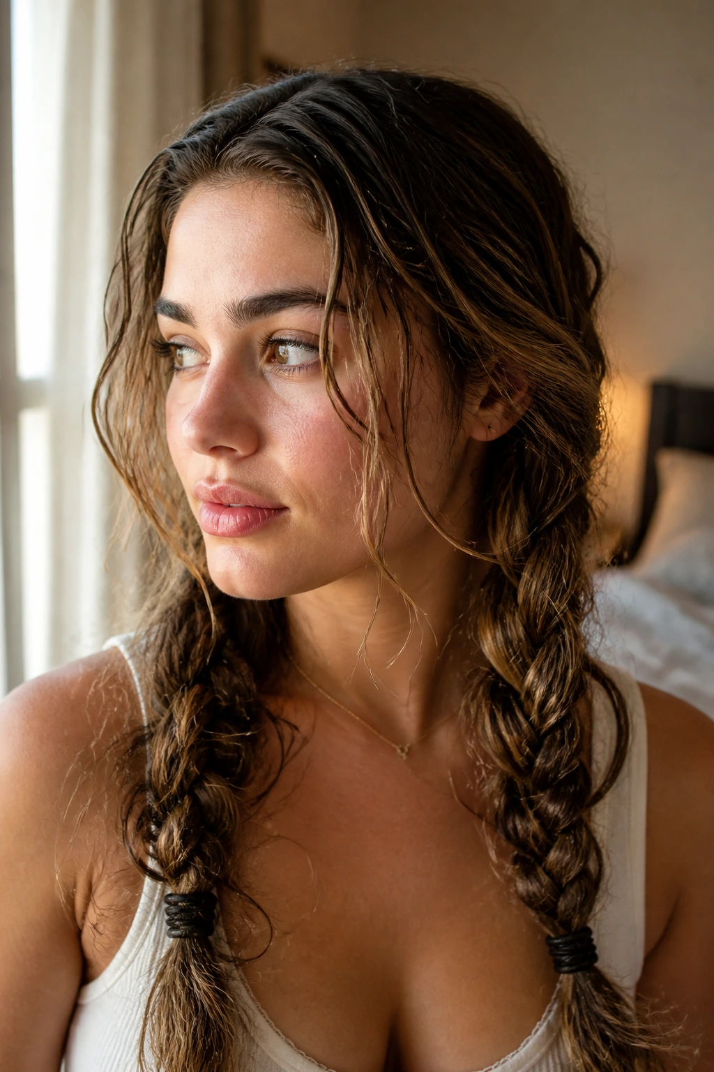 Close-up of a real woman with two loose braids and soft overnight waves in a cozy bedroom