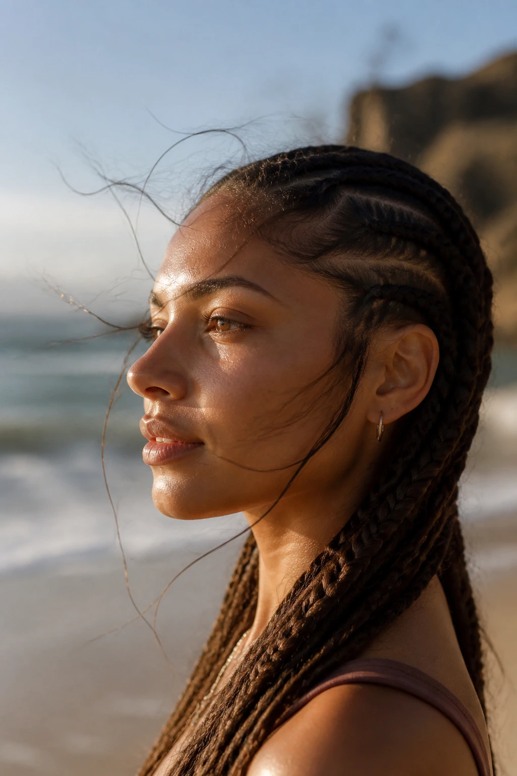 Wind-stable braids on a real person at the beach