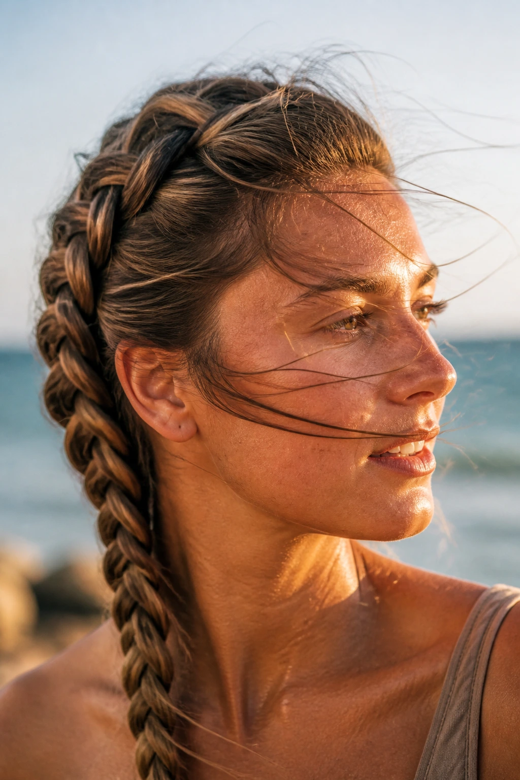 Close-up of a real woman with a wind-resistant French braid on a windy beach at golden hour