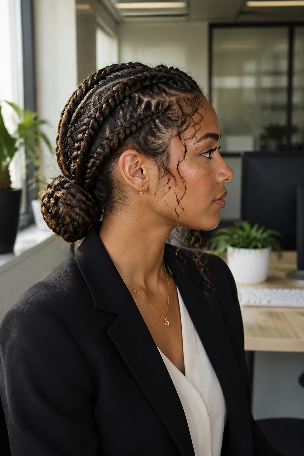Profile view of woman with neat braided low bun in an office setting