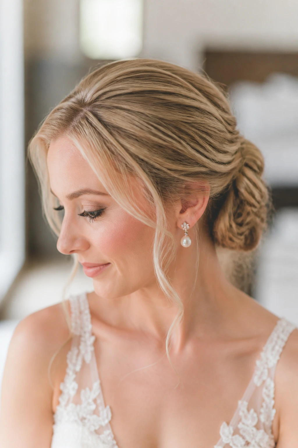 Bride with a graceful, breathing updo close to the head