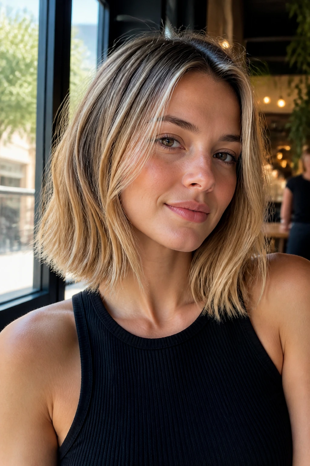 Real woman with a breezy shoulder-length lob in sunlit cafe light