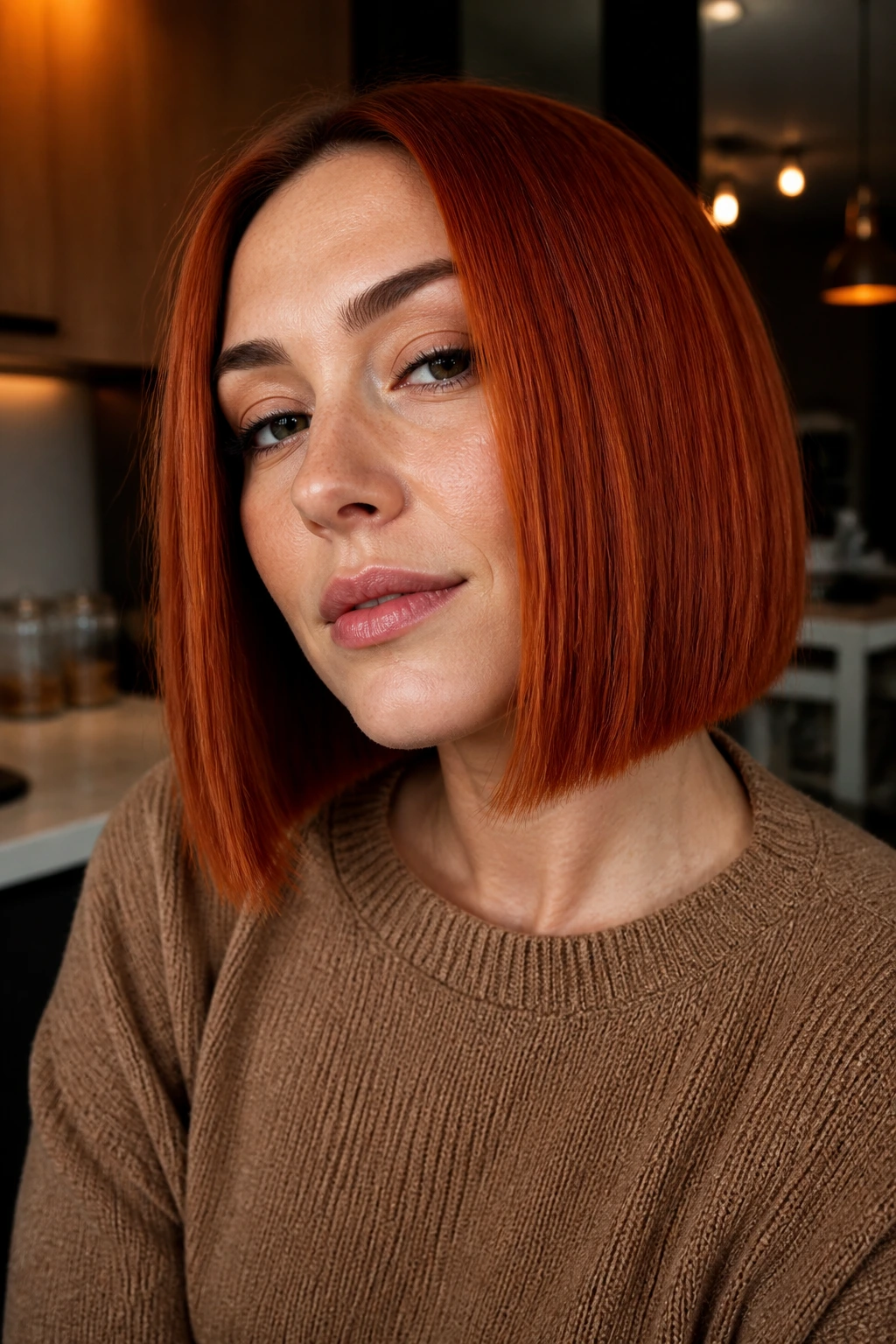 Close-up portrait of a real woman with brick red bob in warm kitchen light