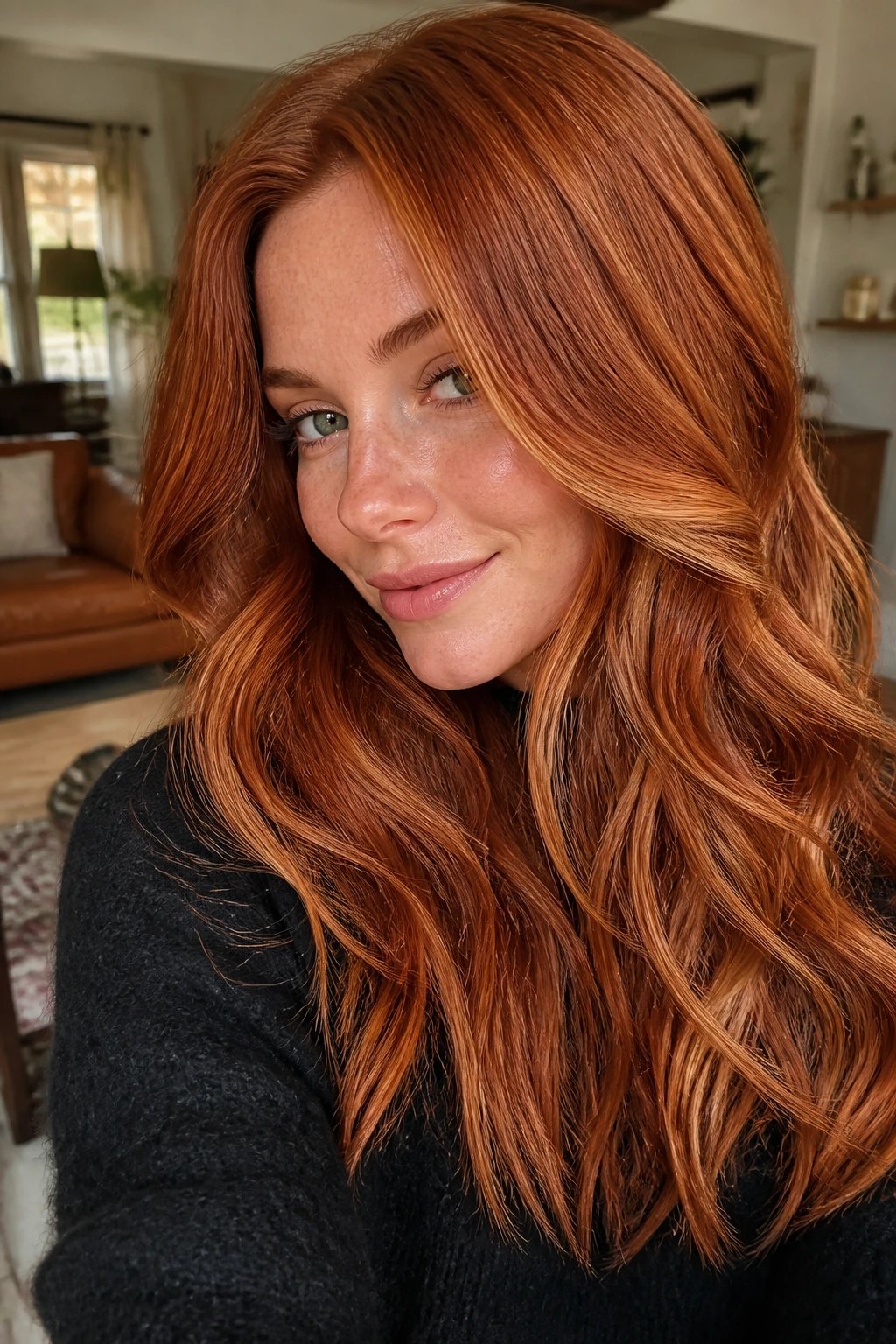 Long hair brick red with caramel highlights in soft waves