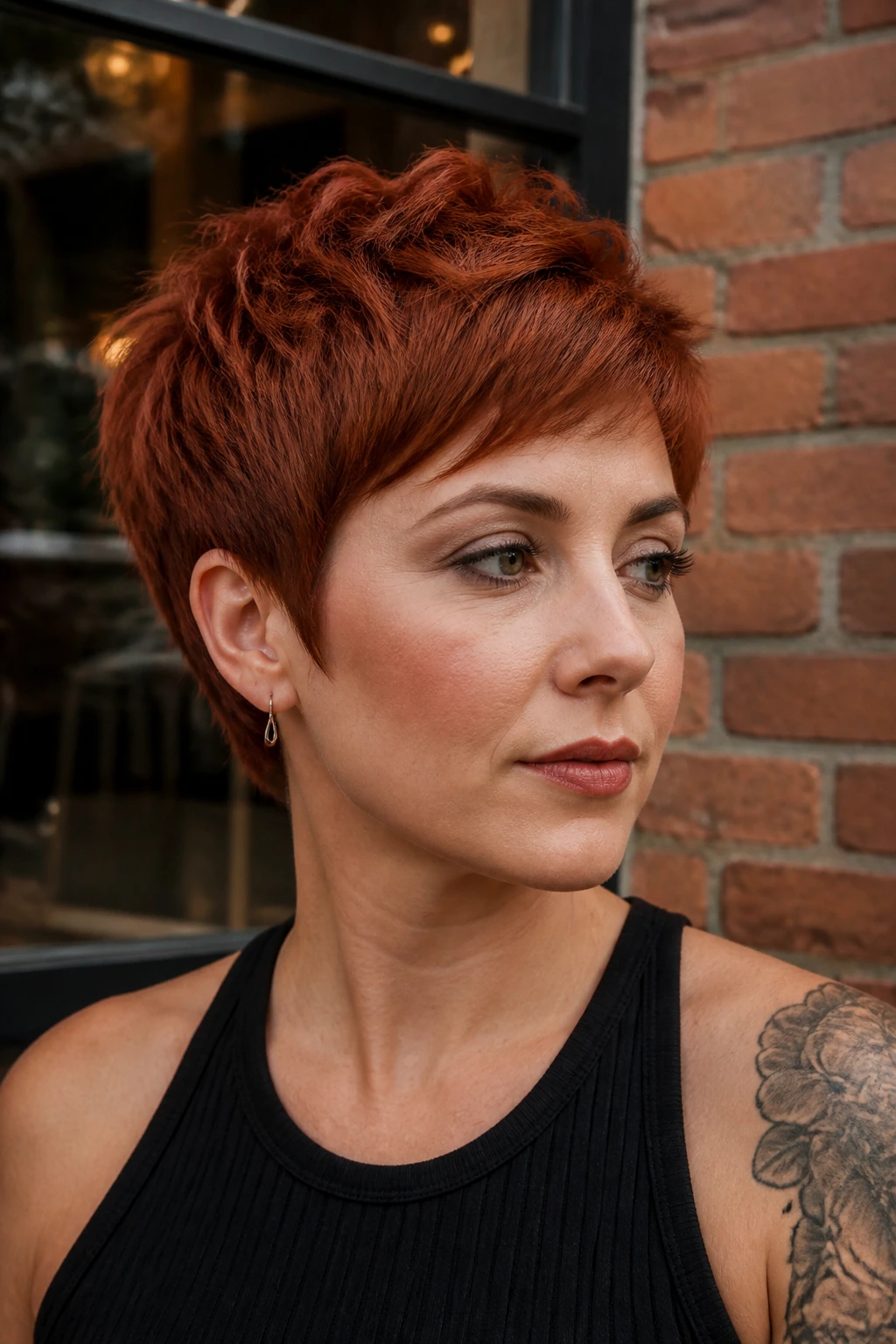 Close-up of Brick Red Crop hairstyle on real person