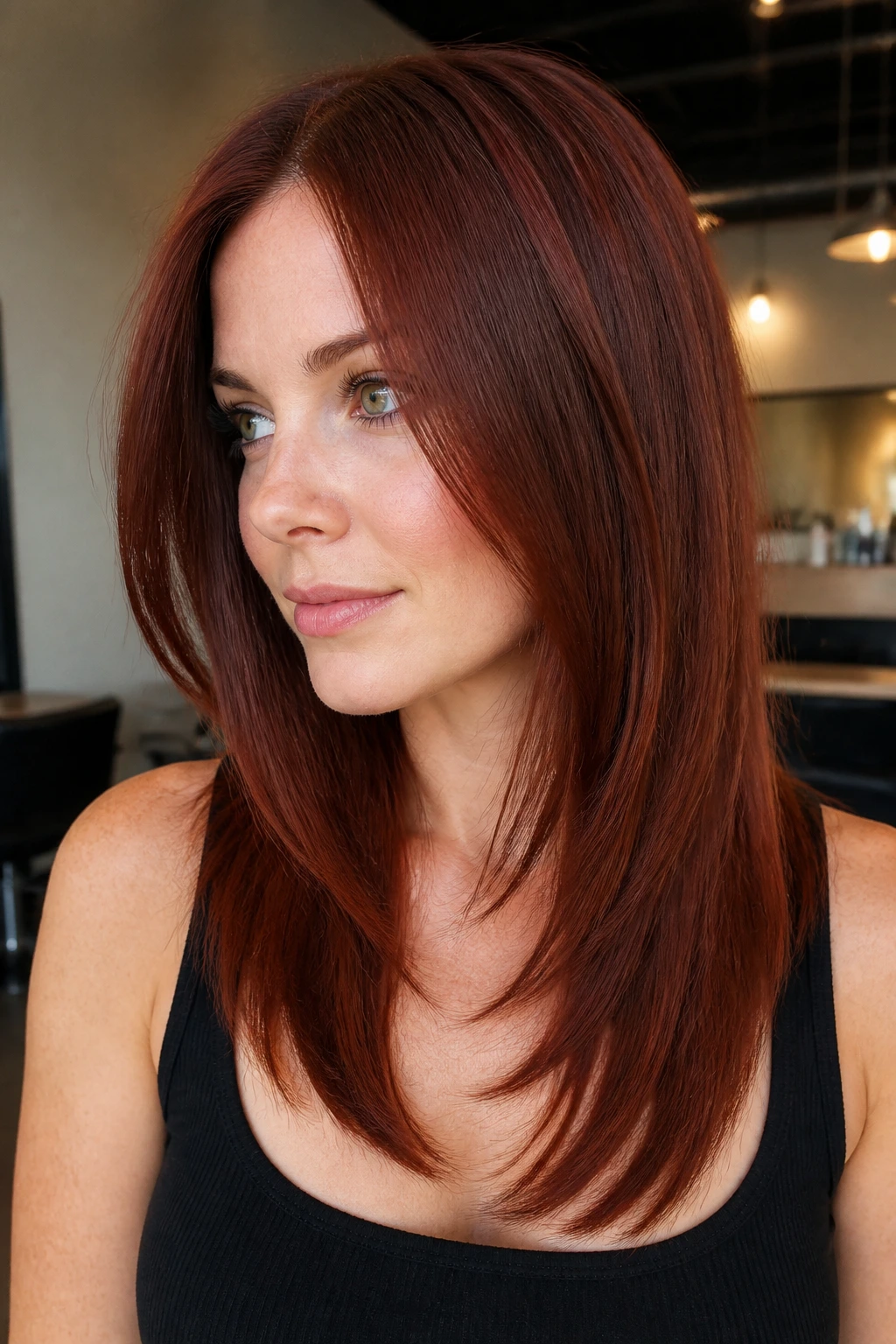 Real person with brick red straight layered hair filling the frame
