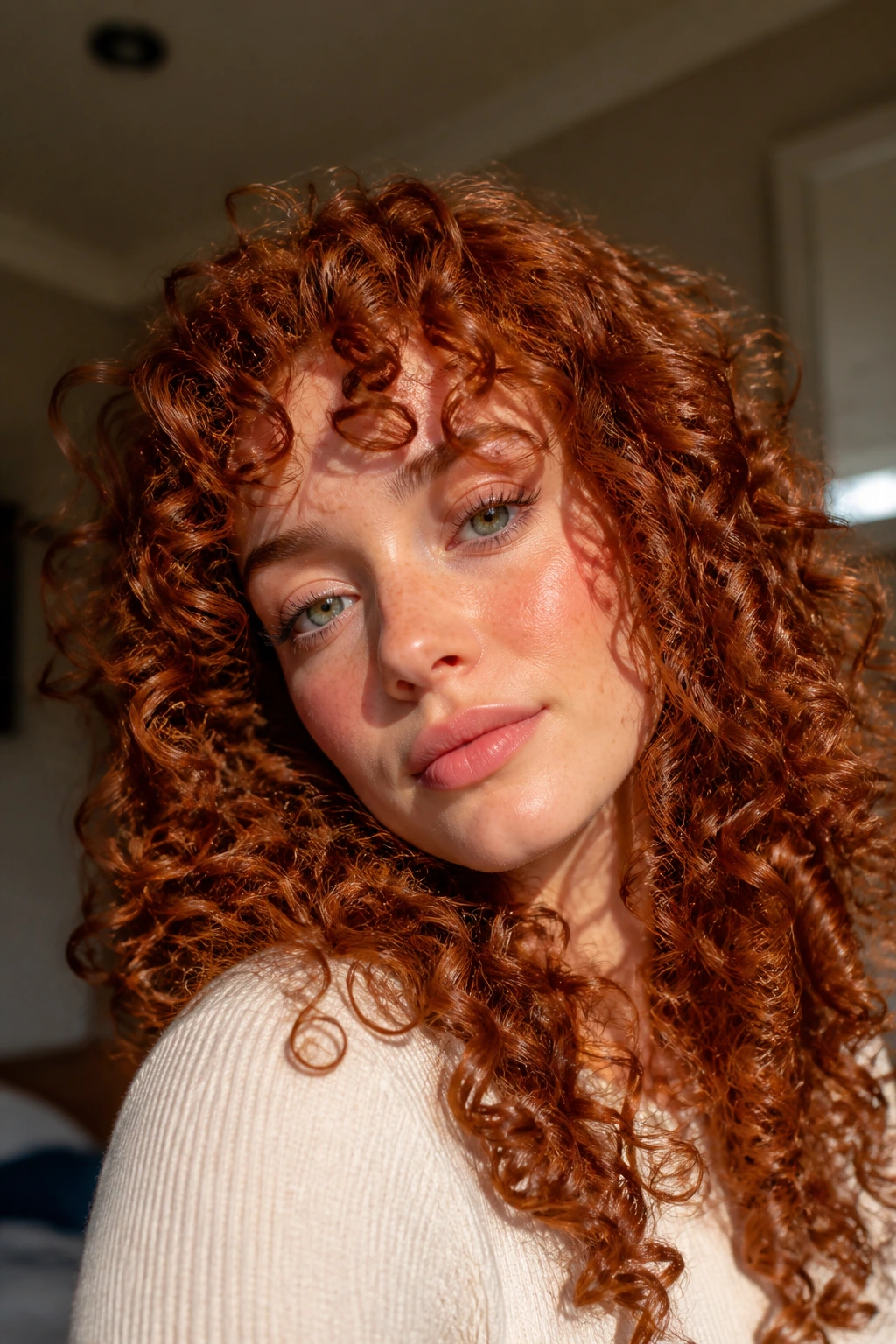 Close-up of brick-red ringlets on a real person