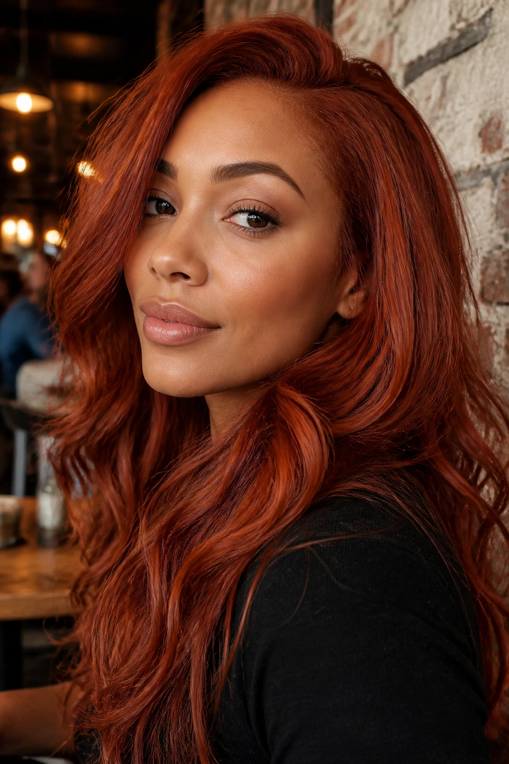 Close-up of a person with brickhouse red hair in urban cafe light