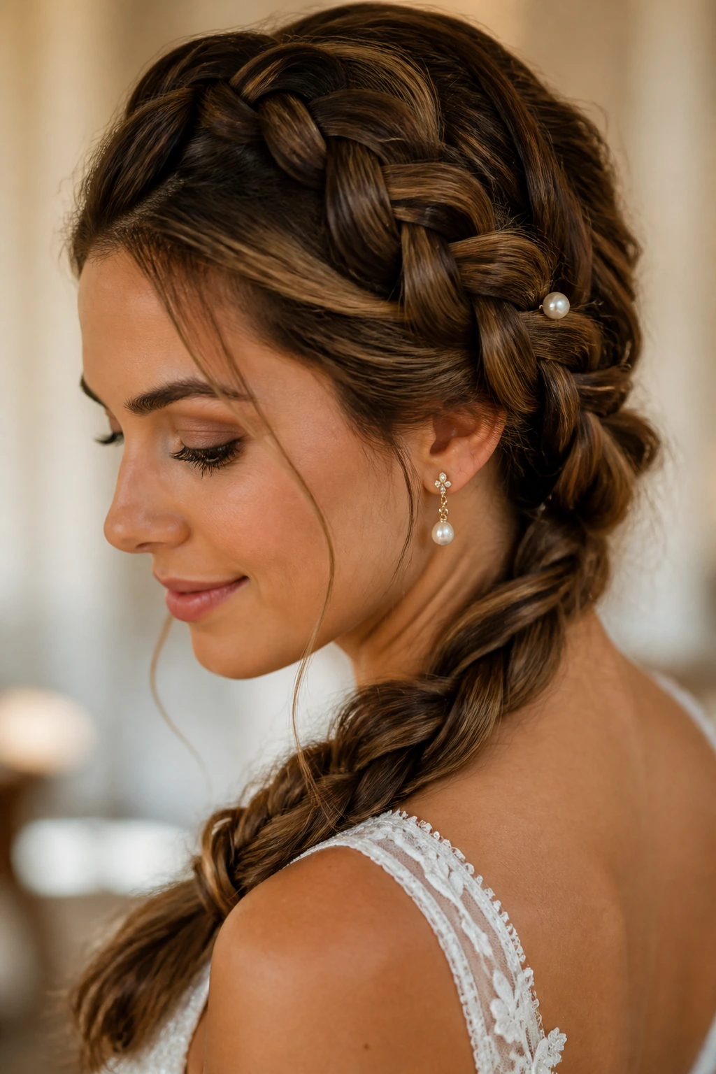 Bride with braid and a pearl pin in soft lighting