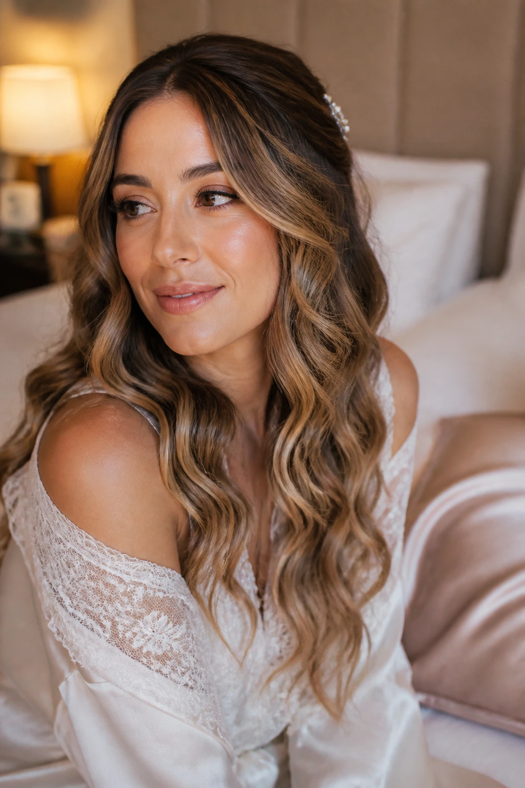 Bride's waves after ceremony with relaxed texture in a hotel room