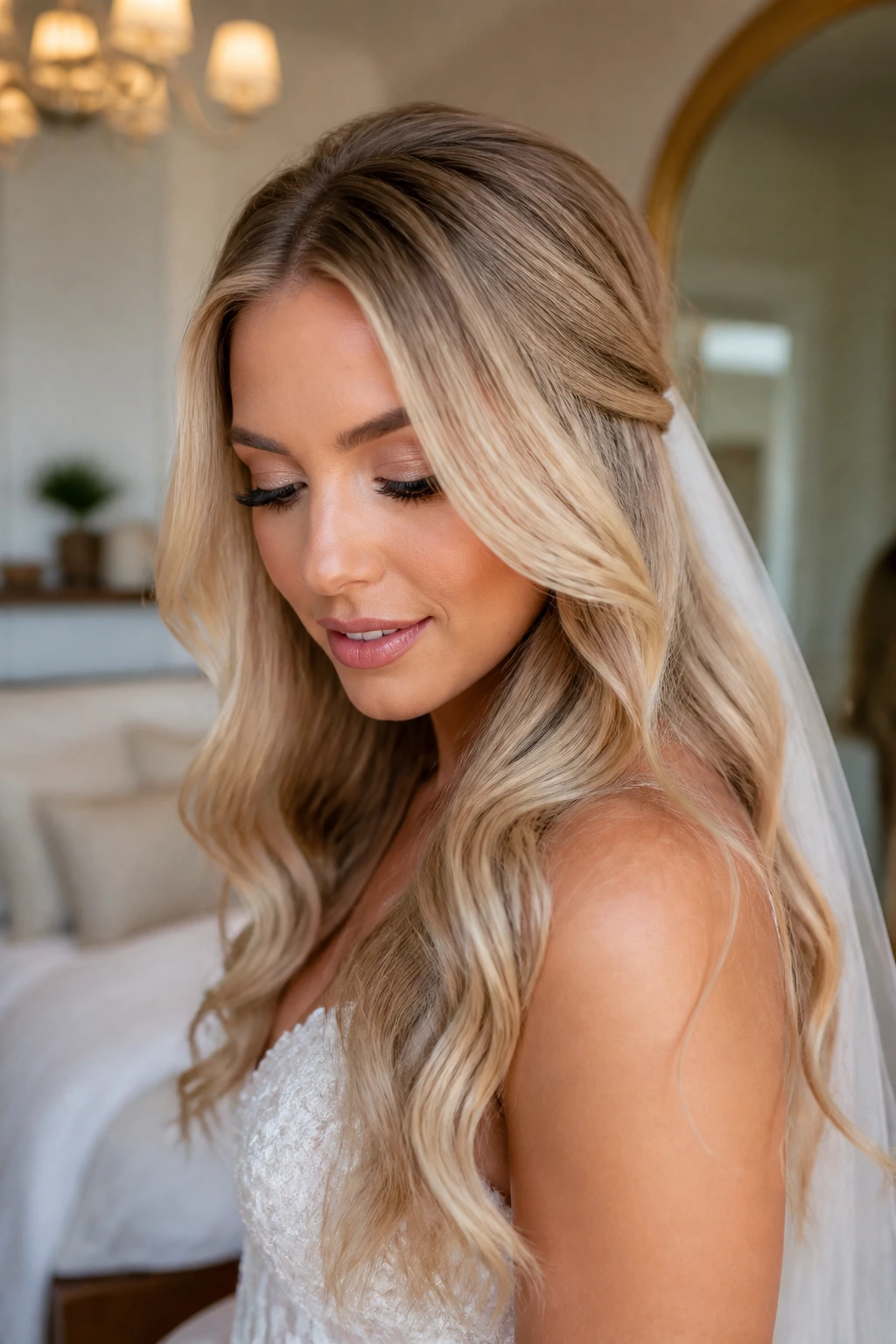 Close-up of a real bride with subtle root shadow and beige-to-honey blonde