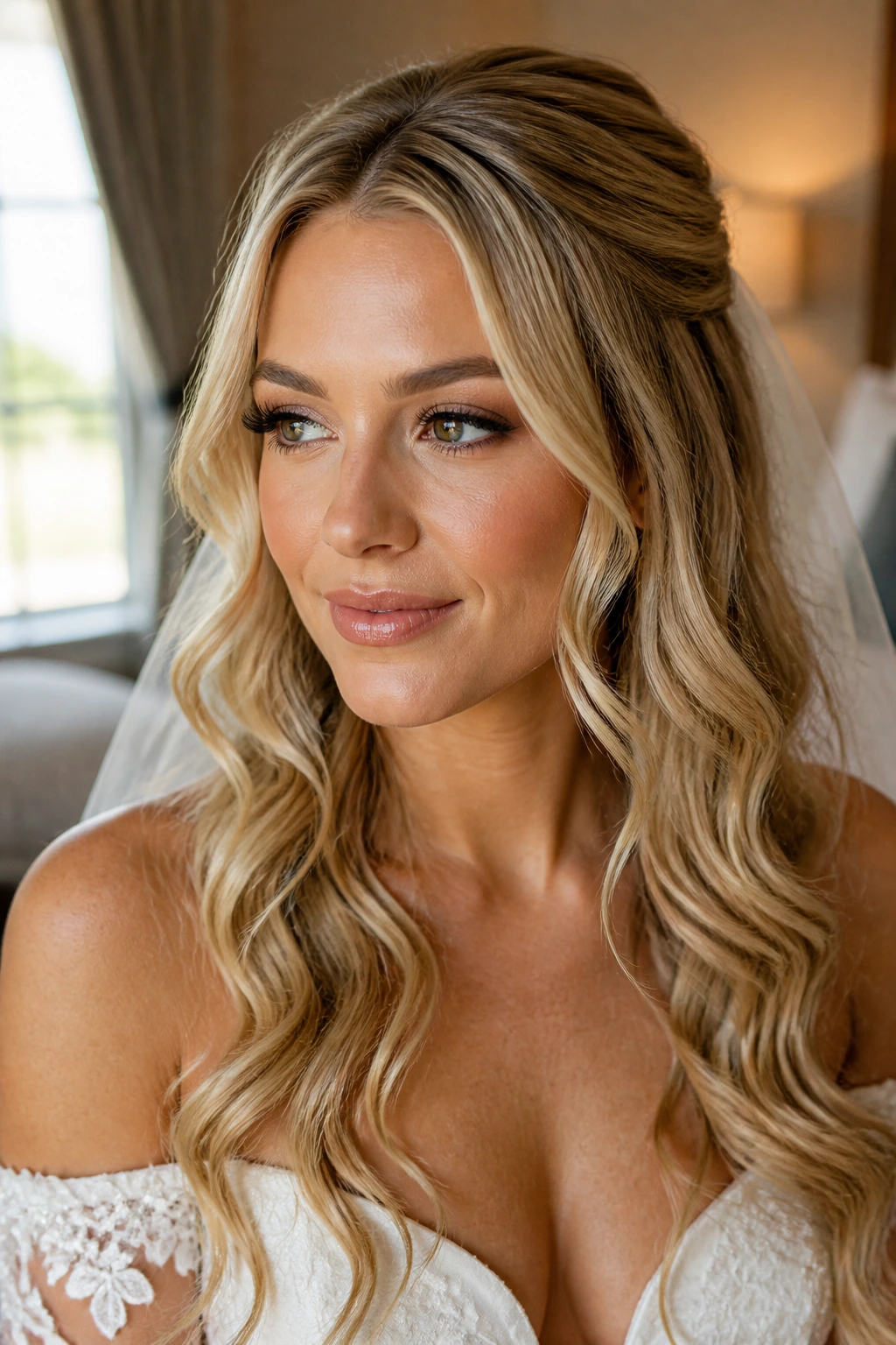 Close-up portrait of a real bride with sophisticated wedding blonde hair in mixed lighting