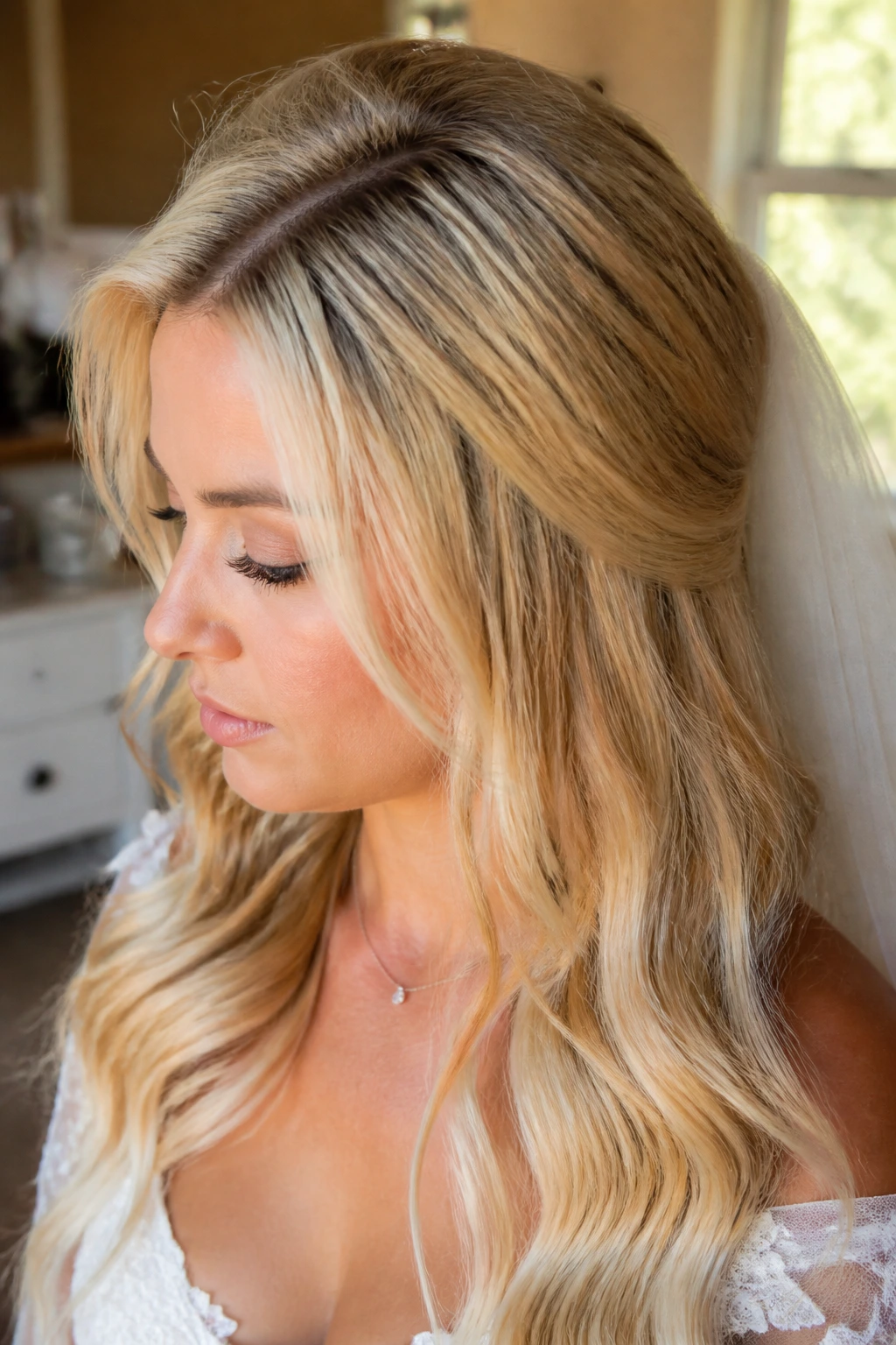 Close-up of a real bride's hair showing root regrowth and brassy tones under warm window light
