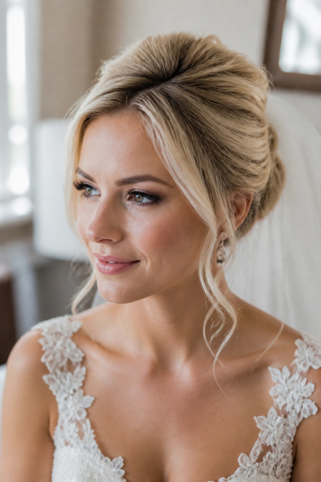 Close-up portrait of a real bride with standout blonde hairstyle in a sunlit bridal suite