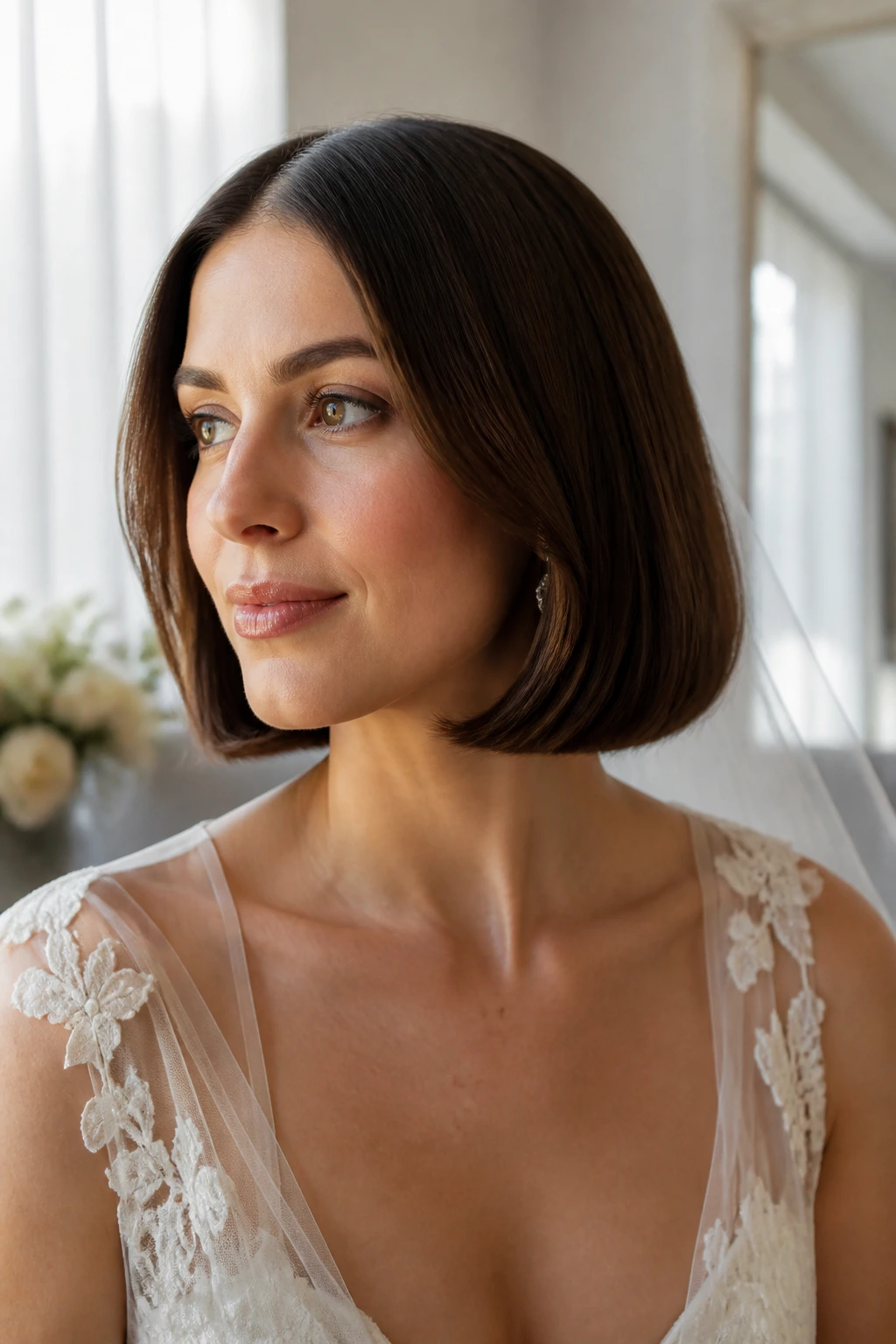 Bride with settled blunt bob in natural light
