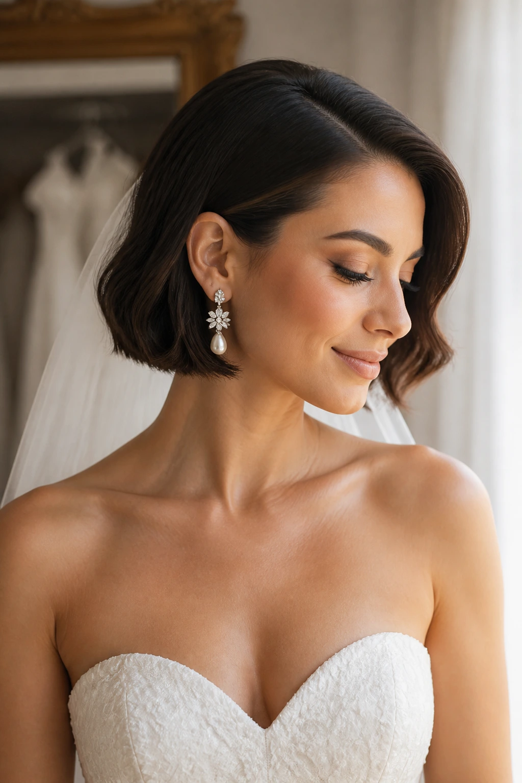 Close-up of a bride with a jaw-length bridal bob in a softly lit bridal suite