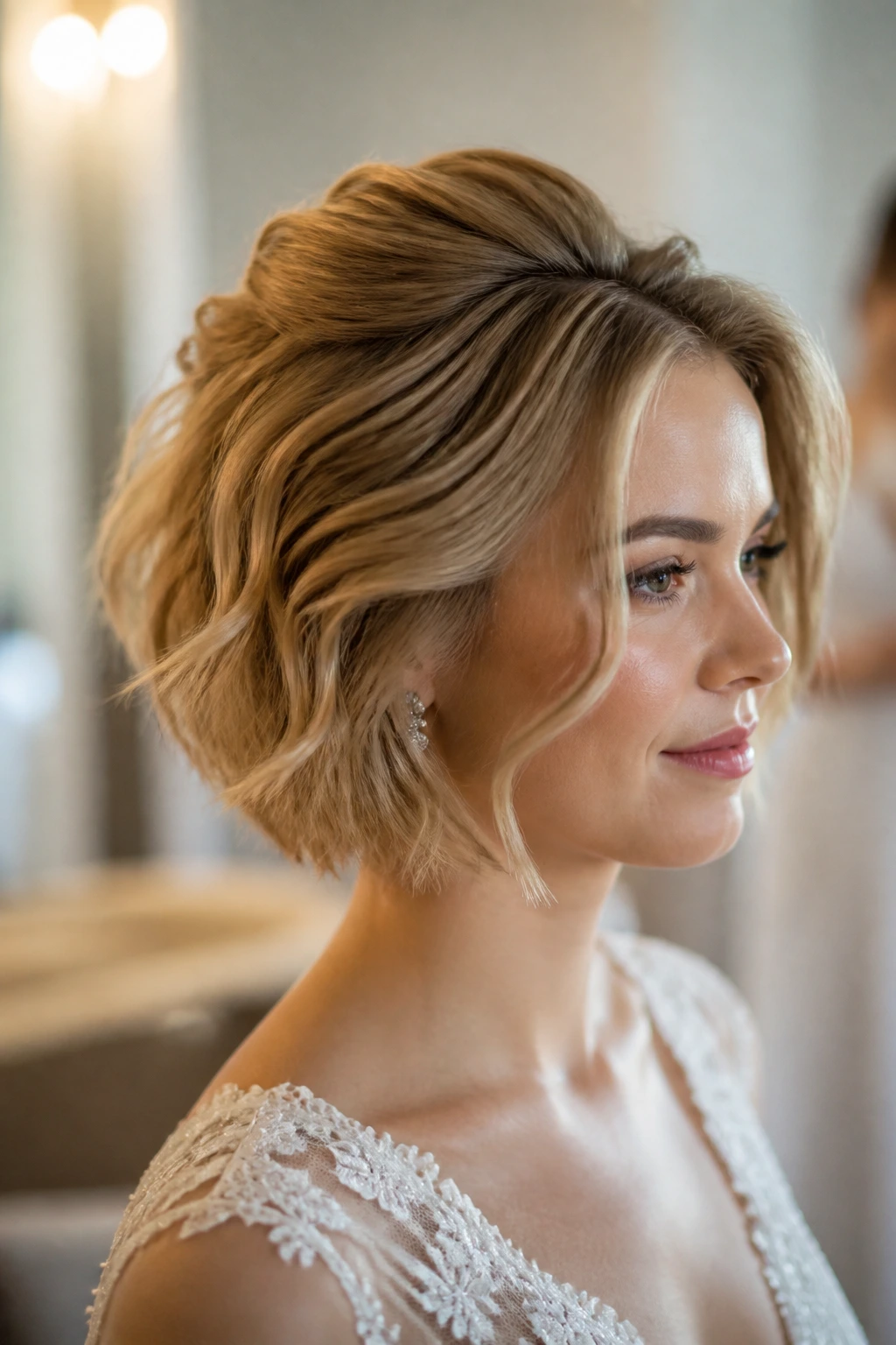 Bride with lifted crown bridal bob in a softly lit dressing room