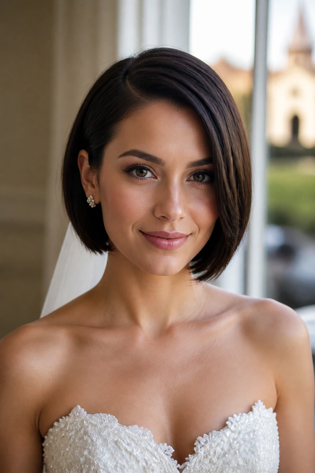 Close-up of a real bride with a sleek bob in warm bridal lighting