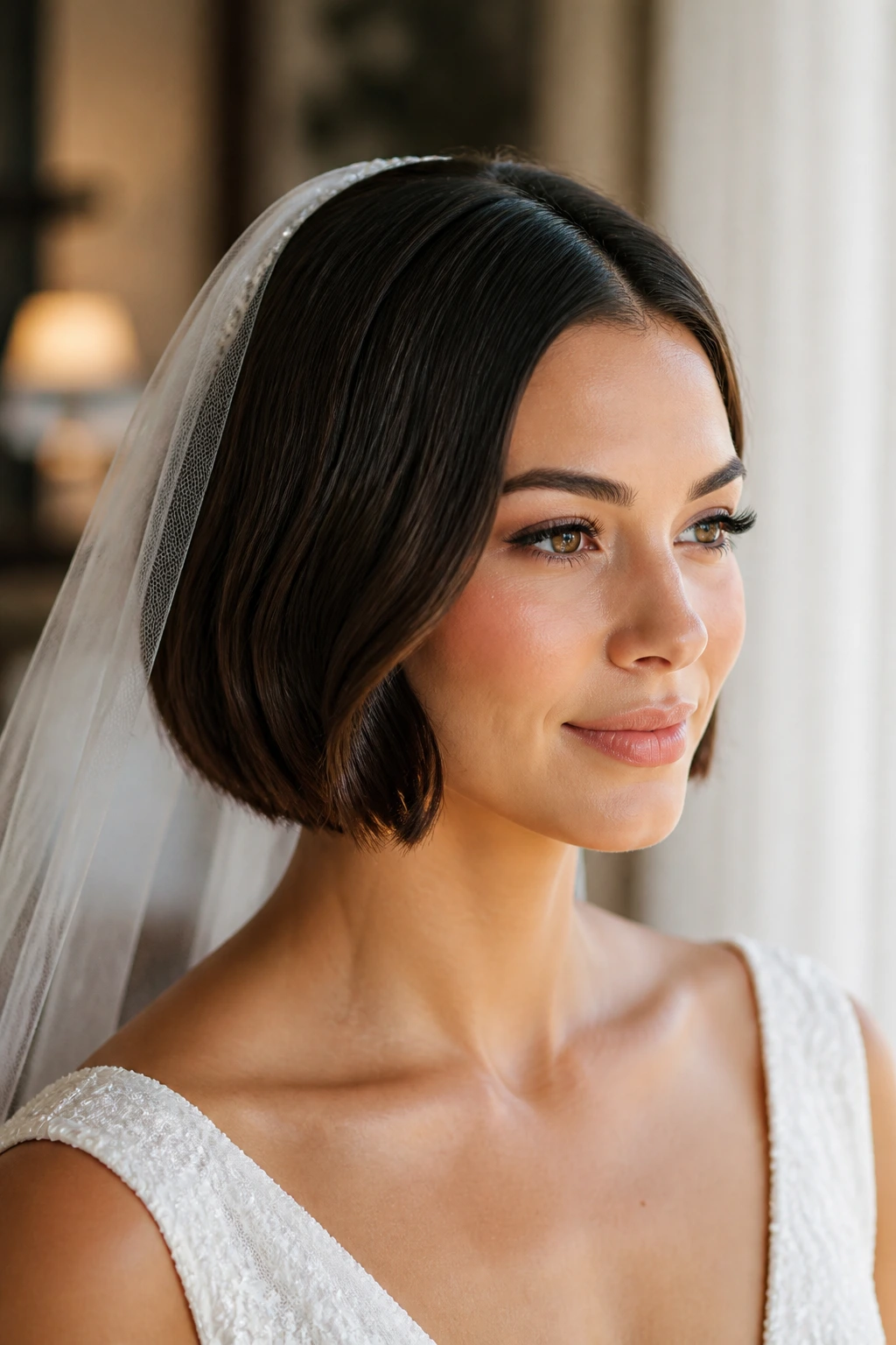Close-up of a real bride with a sleek bridal bob and veil anchor