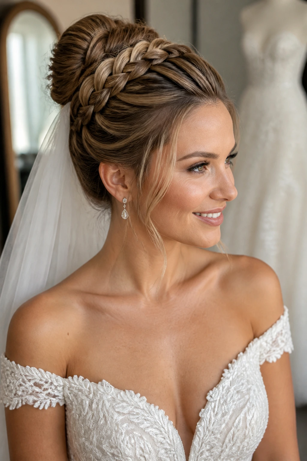Bride in off-shoulder gown with high braided crown matching neckline