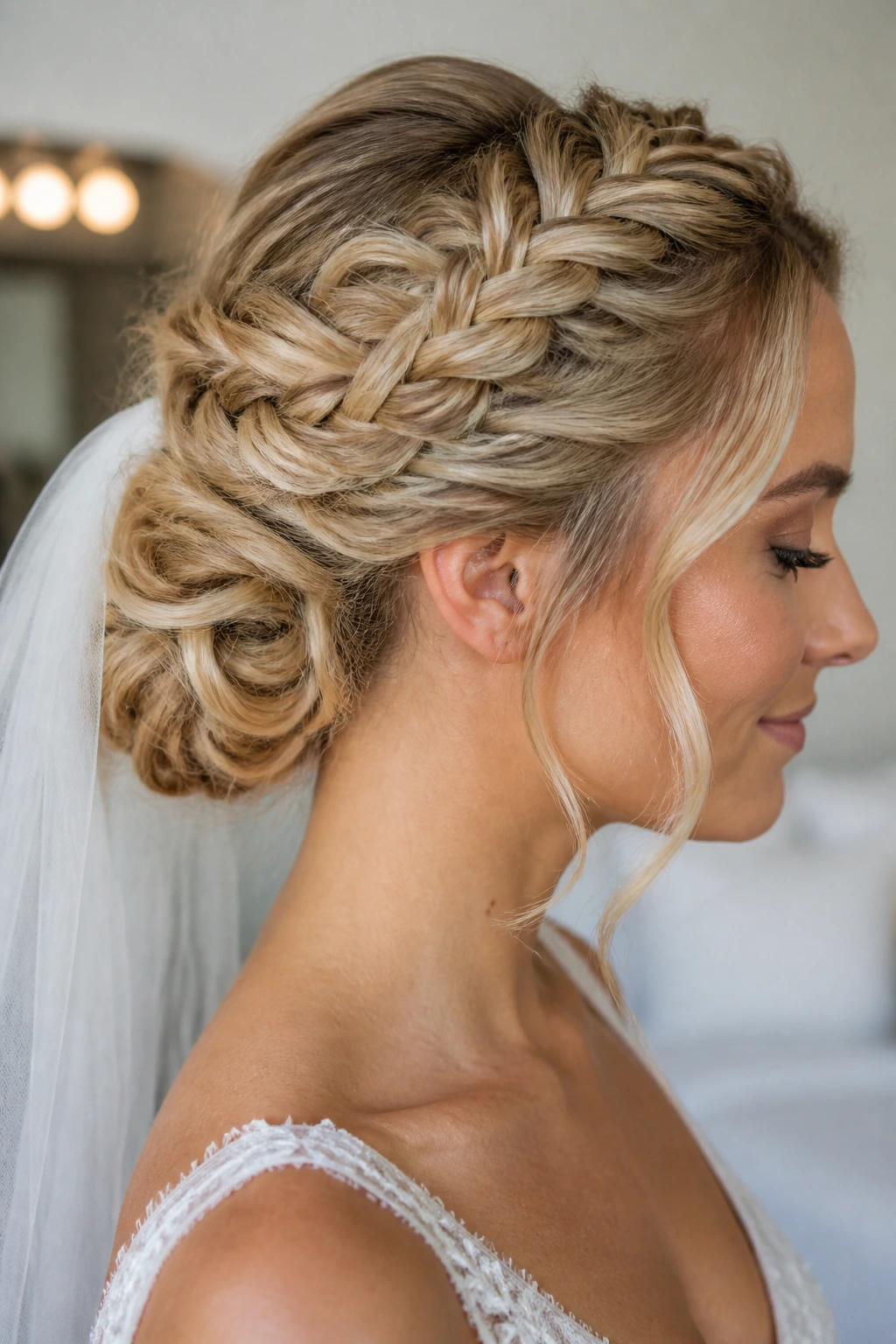 Close-up profile of a bride’s head displaying a sculpted bridal braid shape along the crown