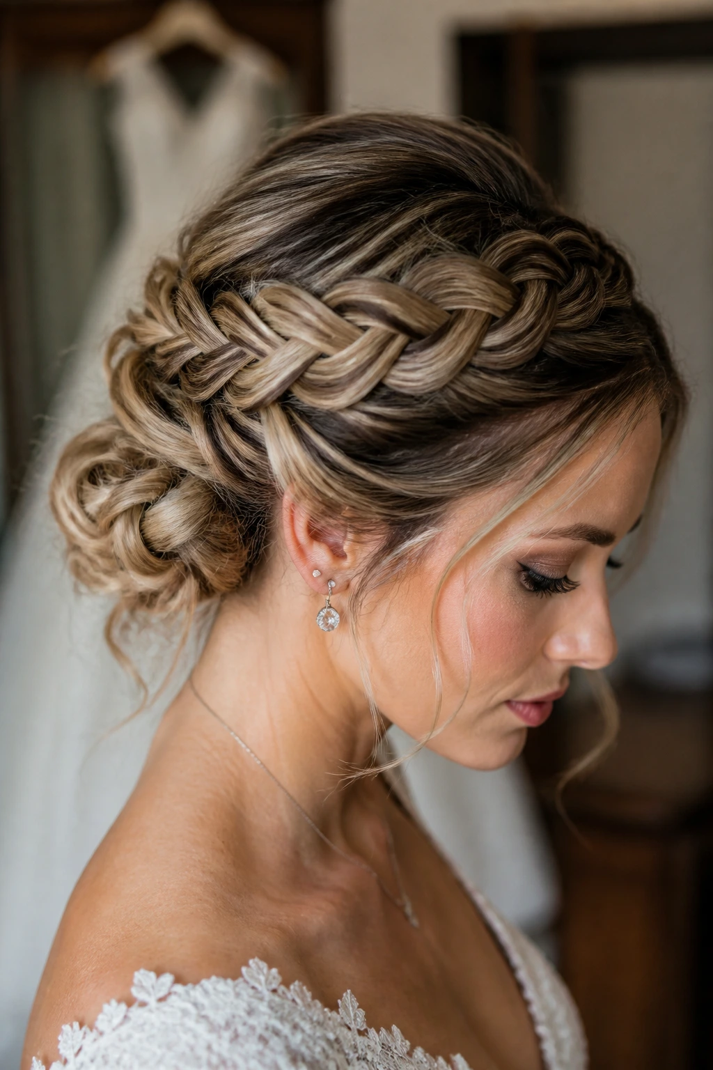 Close-up of a bride's intricate wedding braid in a softly lit dressing room