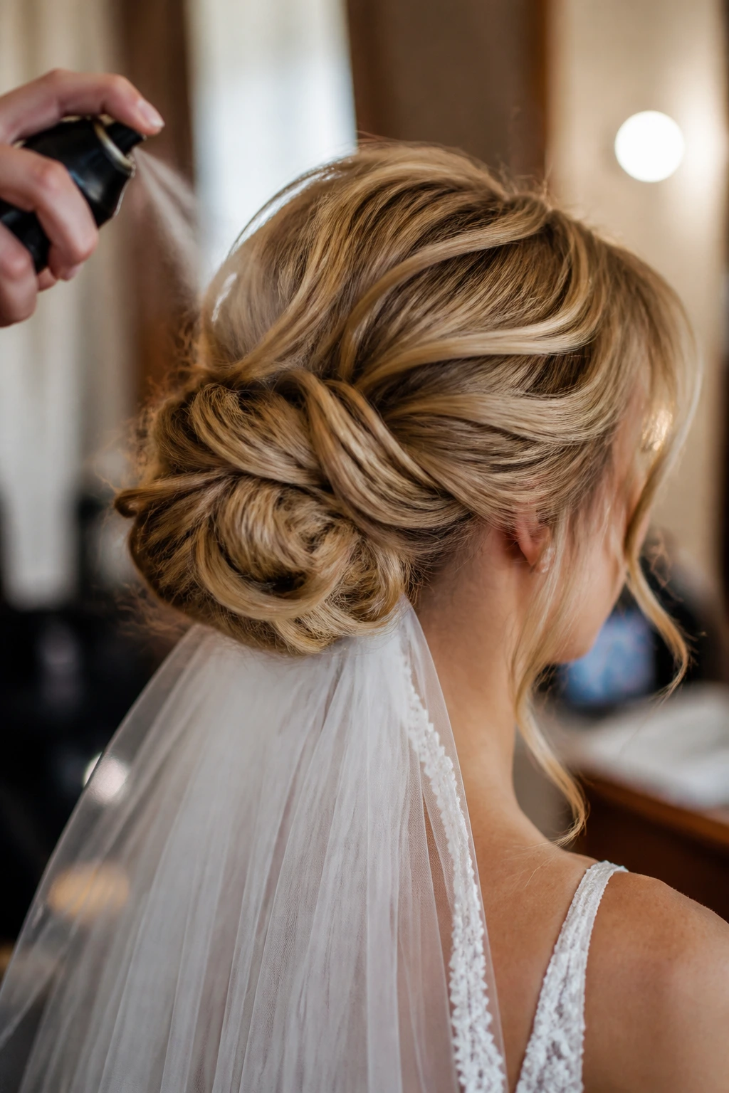 Close-up of a finished bridal bun with hairspray mist
