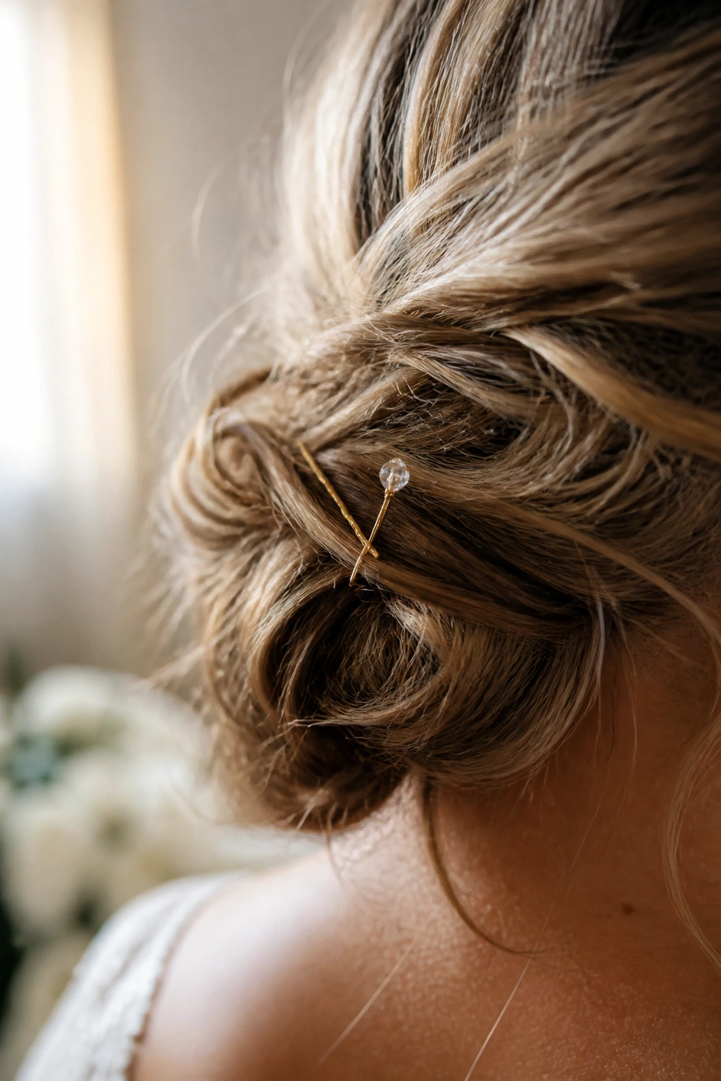 Close-up of a single gold hairpin with a crystal bead secured in a soft bridal bun on a real bride; pin as focal point.