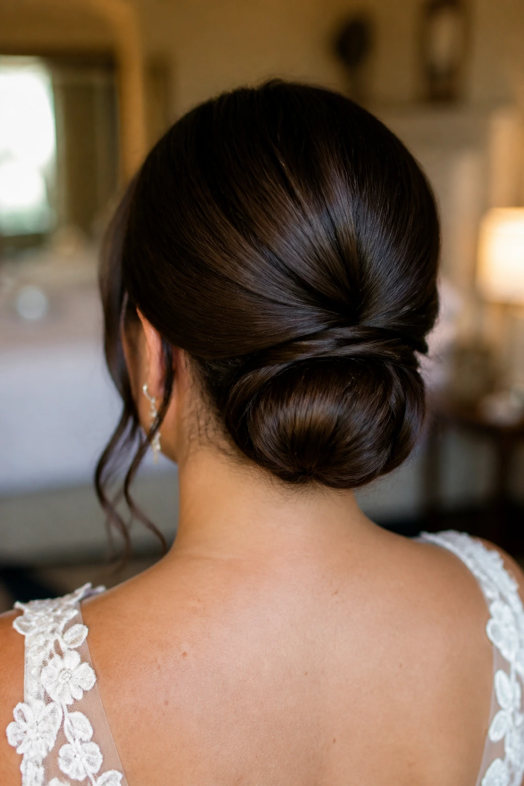 Back view of bride with a fresh-looking low bun during the reception