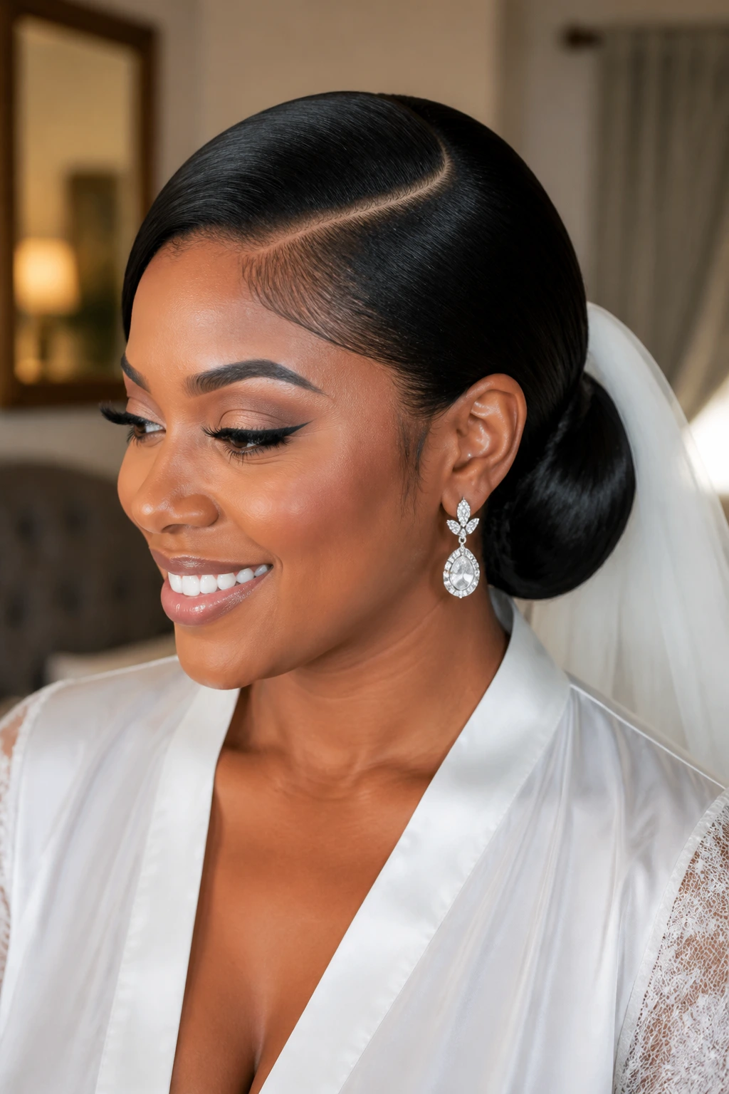 Close-up of a bride with a sculpted low bun and deep side part