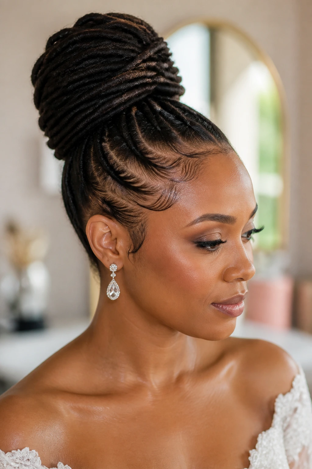 Close-up of a real bride with a wrapped high bun and polished edges highlighting loc texture