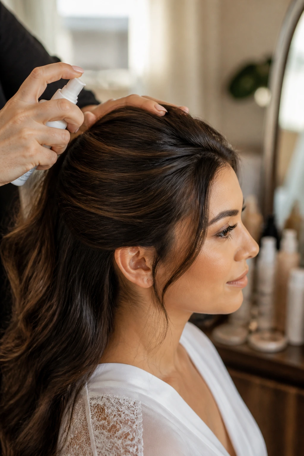 Close-up side profile of a real bride during bun prep