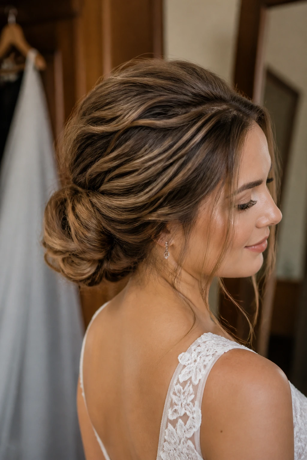 Close-up of a bride showing textured low bun with crown lift and visible hair bends