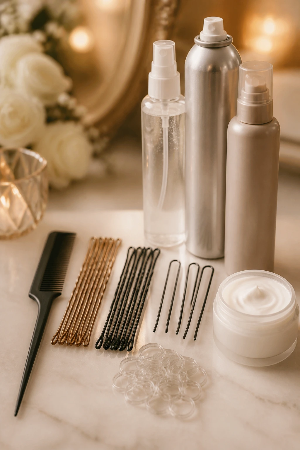 Close-up of bridal bun tools arranged on a vanity