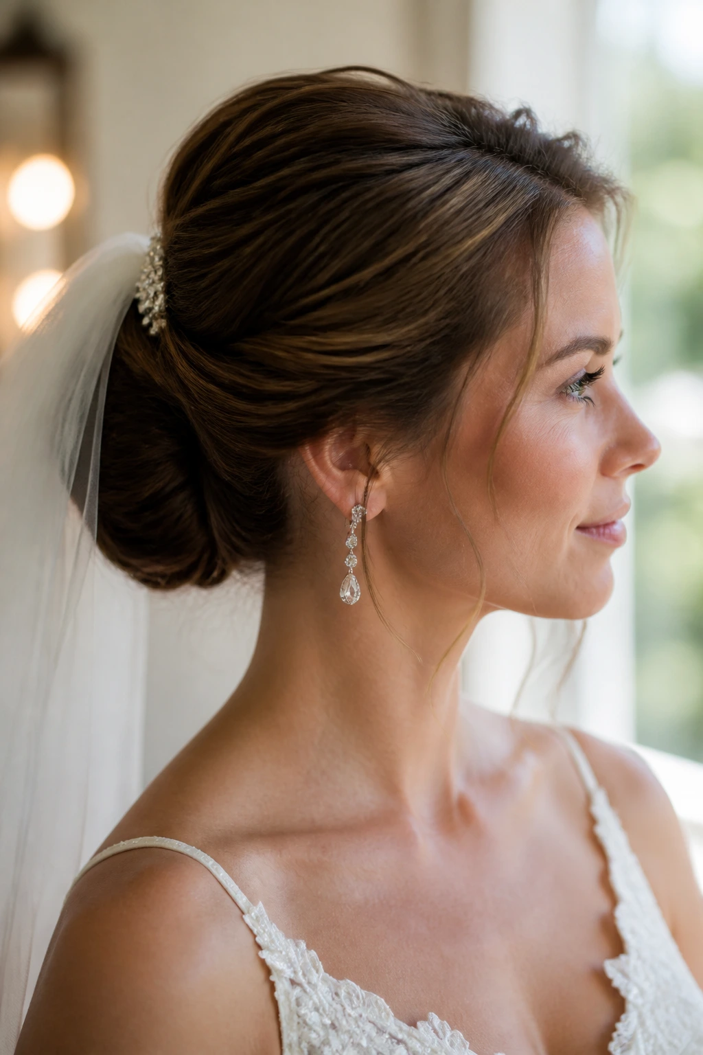 Close-up of real bride with classic bridal bun in sunlit bridal suite