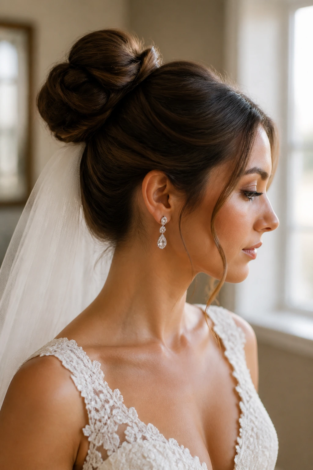 Close-up of a bride with a bun, veil, and earrings