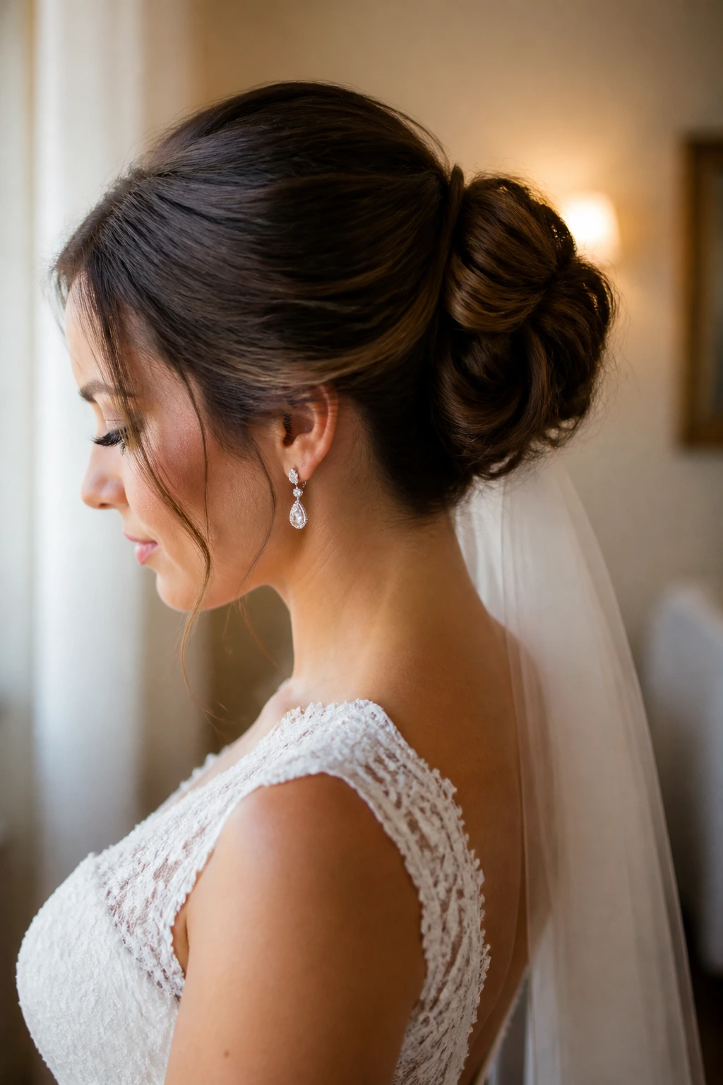 Close-up of a real bride with a neat bun and veil