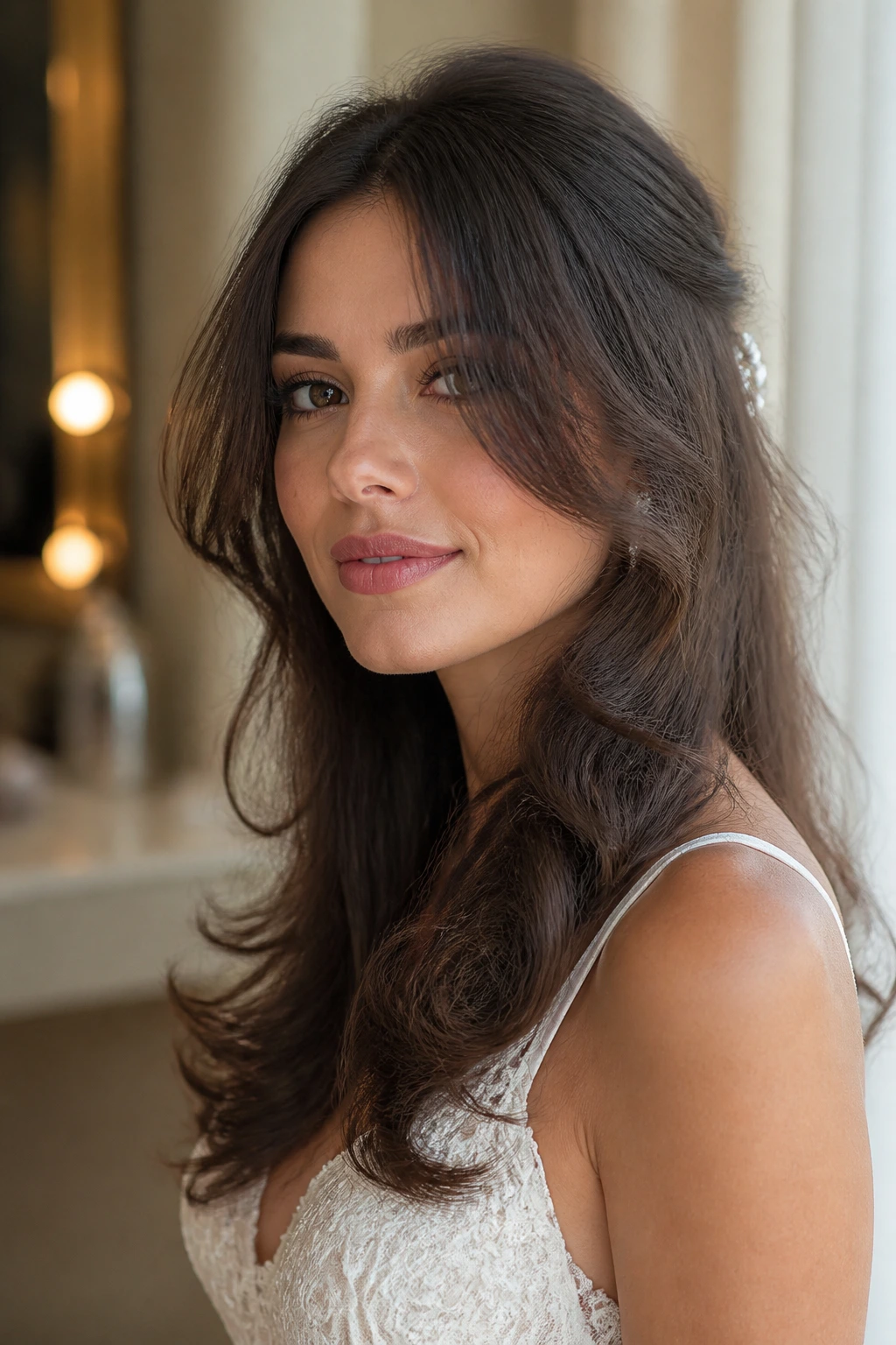 Portrait of a real woman with bridal butterfly cut soft face framing