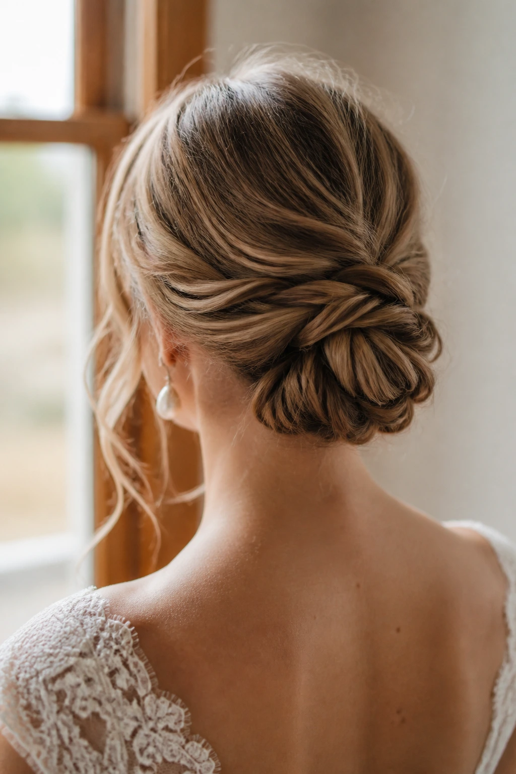 Back view close-up of a bridal low chignon highlighting anchored detail