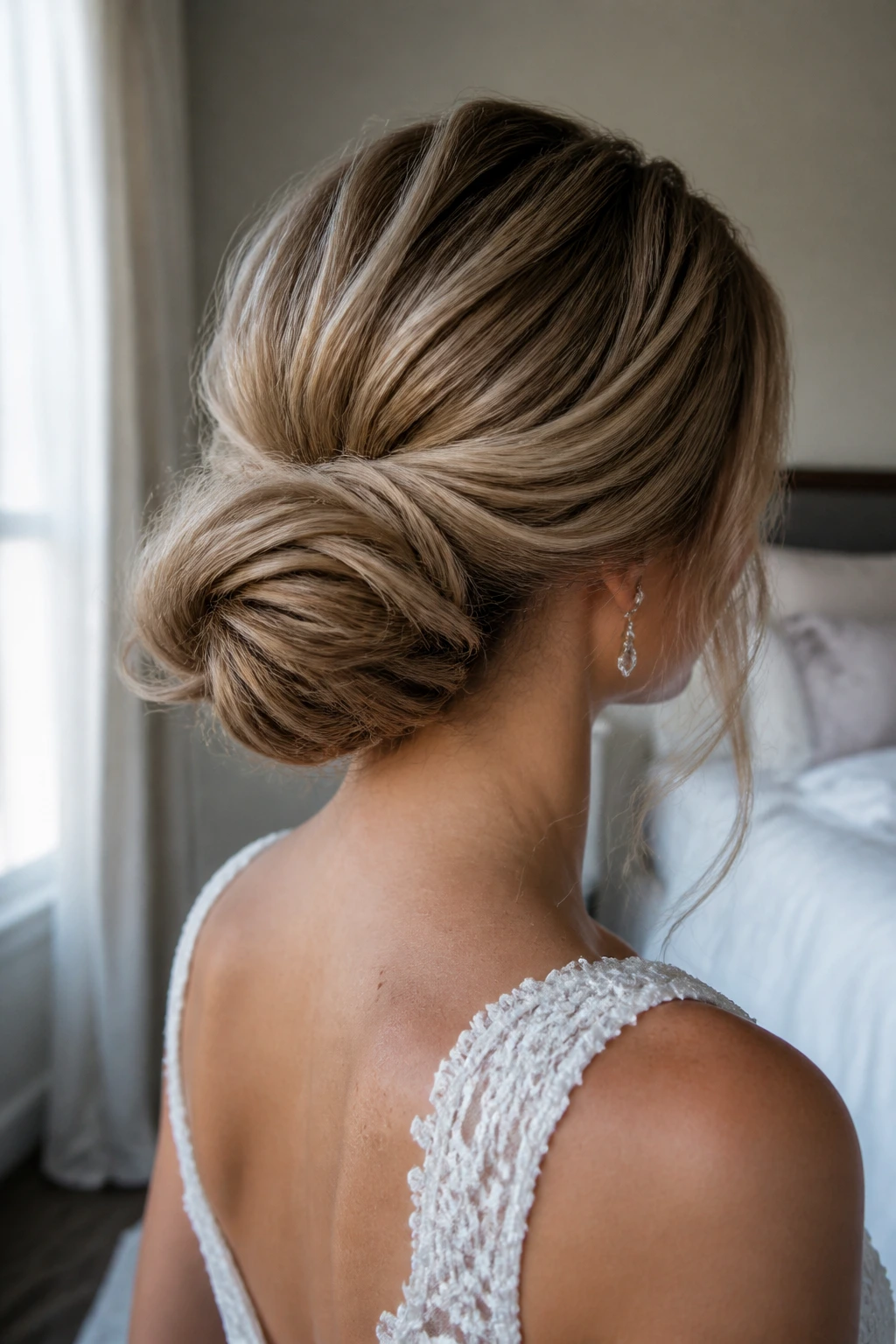 Close-up of a bridal chignon at the nape showing texture and movement