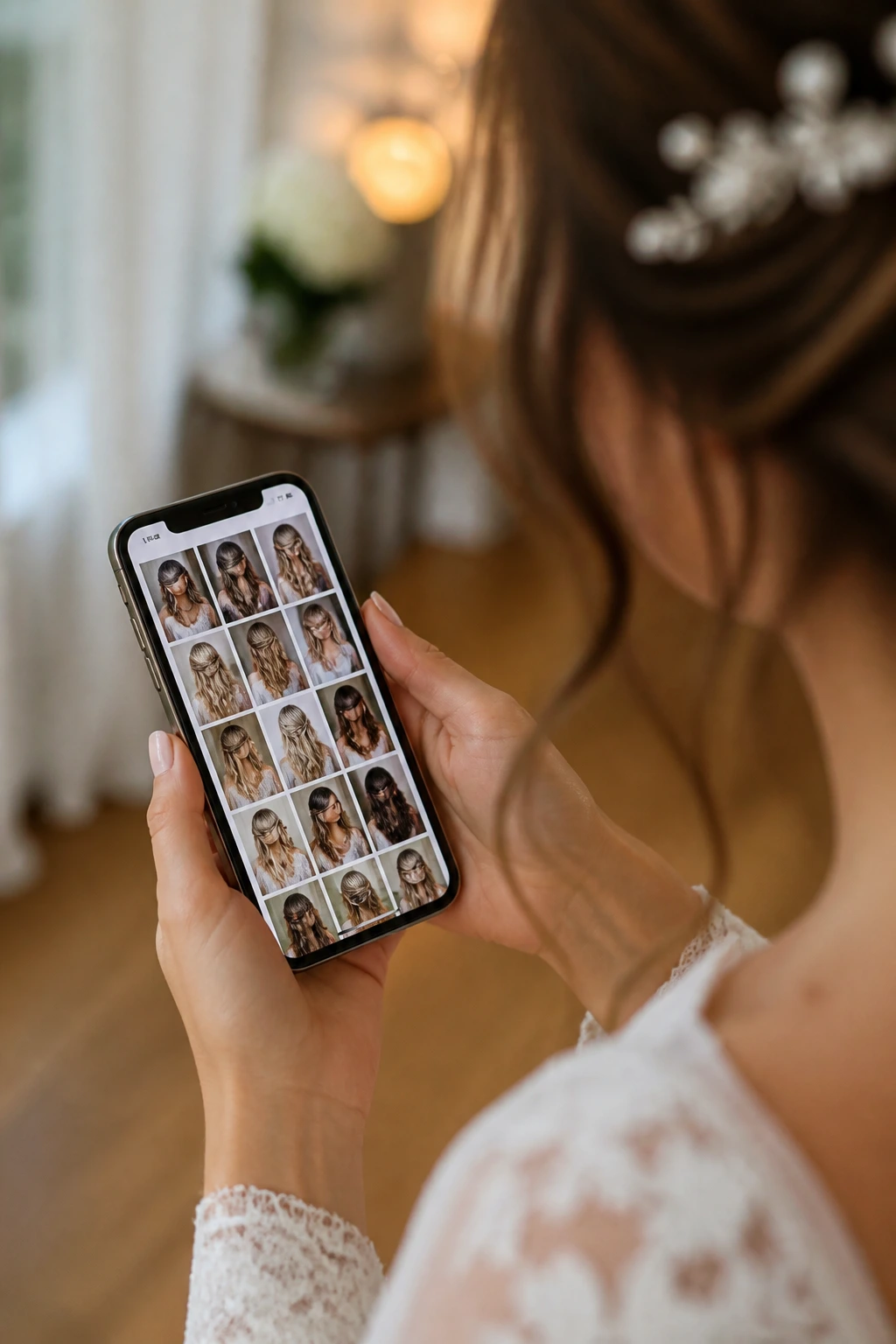 Close-up of a smartphone displaying color references held by a bride