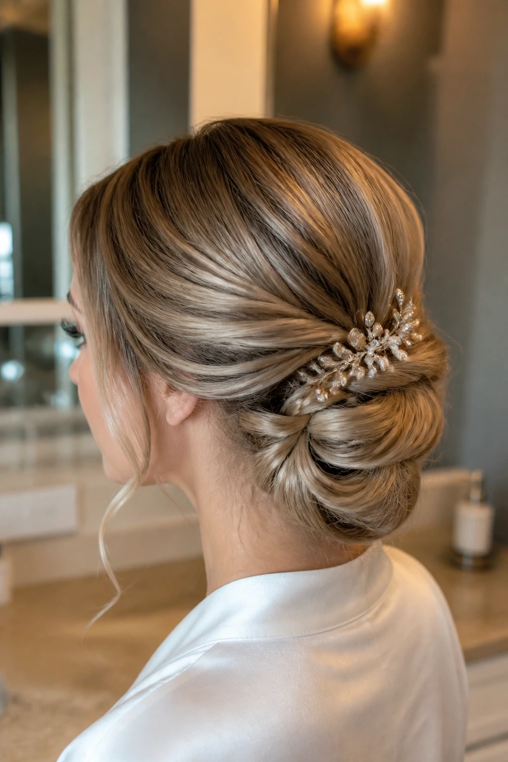 Bride's hair with glossy, fresh-toned color under soft light