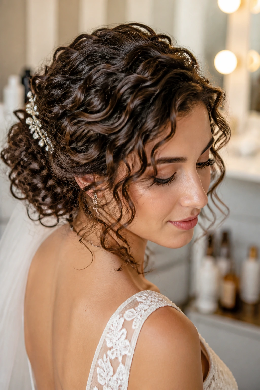Close-up of a real bride with curly hair and controlled shine