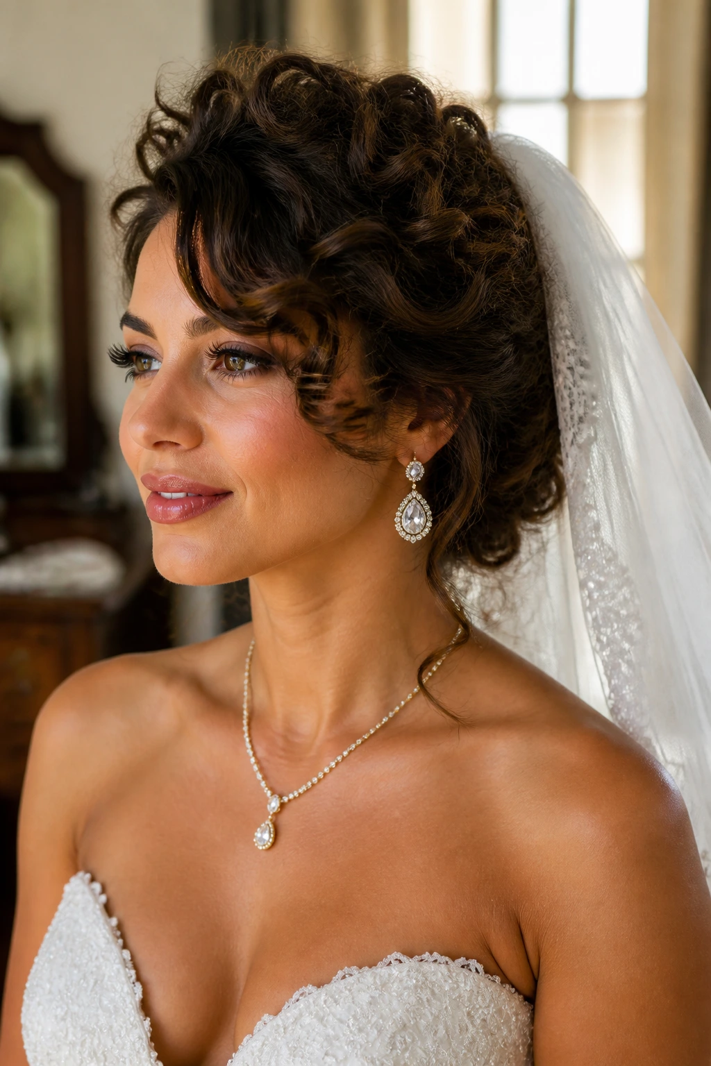 Close-up of a bride showing curly crown and veil coordinated with dress and jewelry