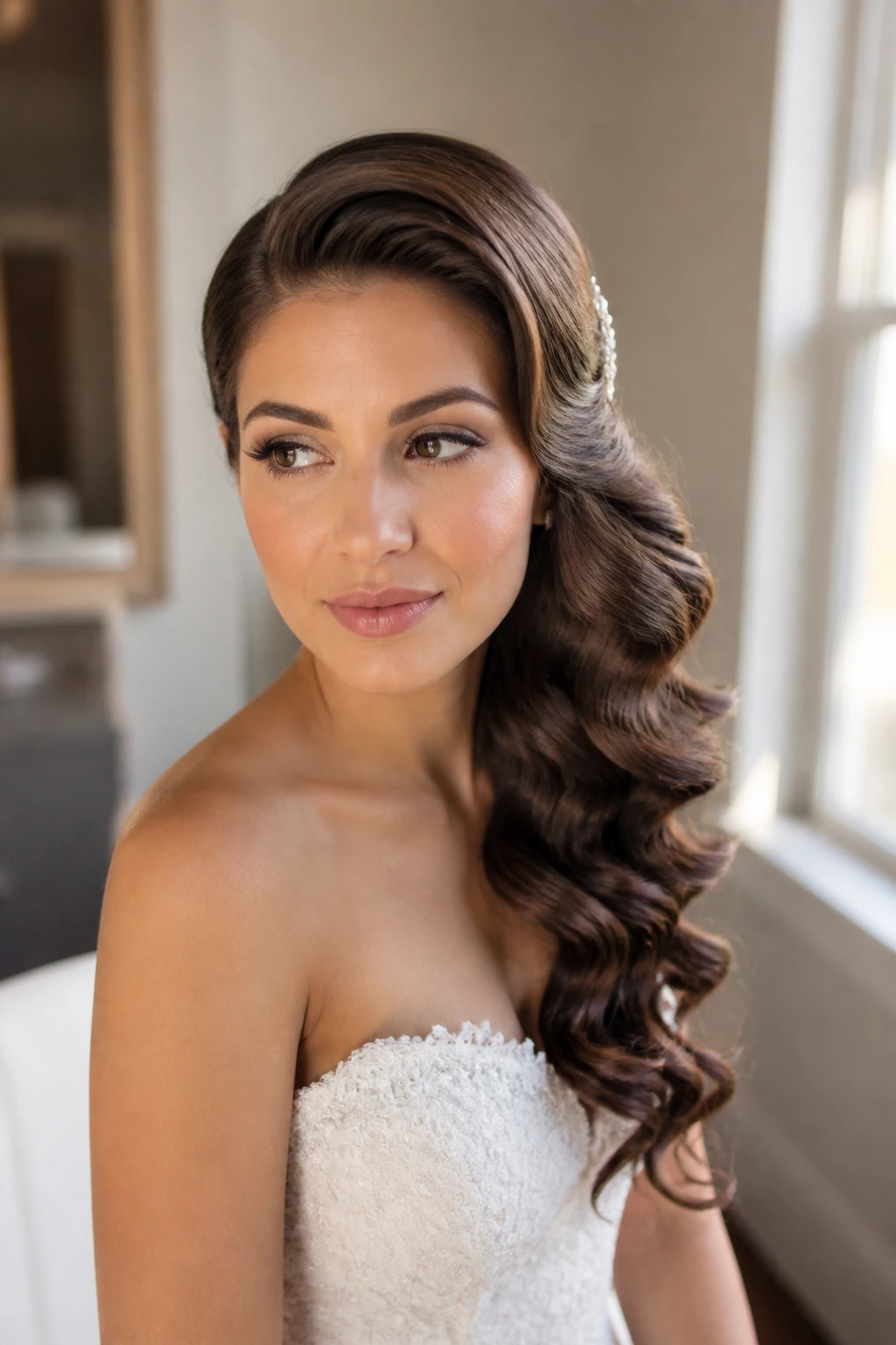 Close-up of a bride's deep side part with side-swept curls over her shoulder in a bridal dressing room