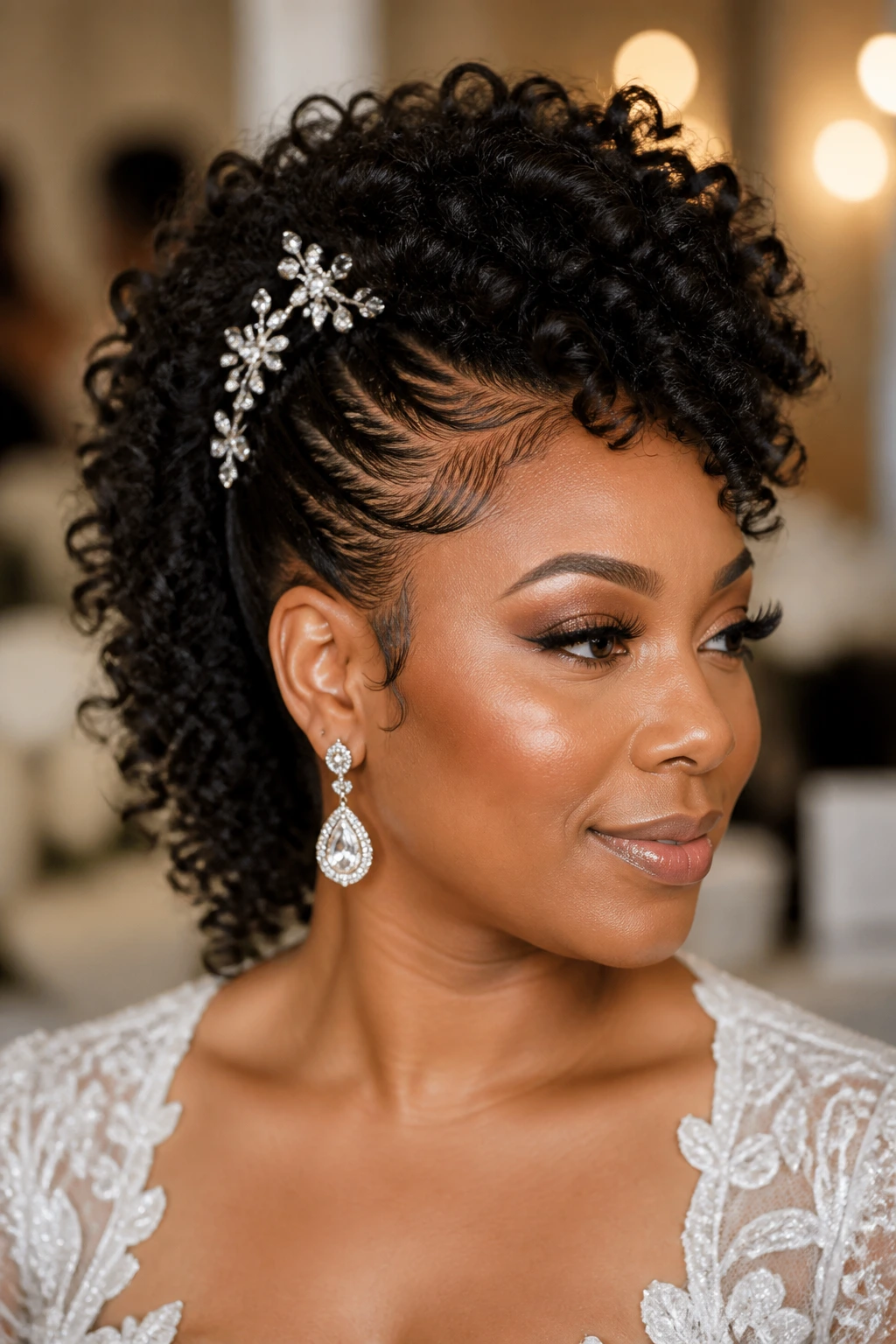 Real bride with bridal curly mohawk and pins