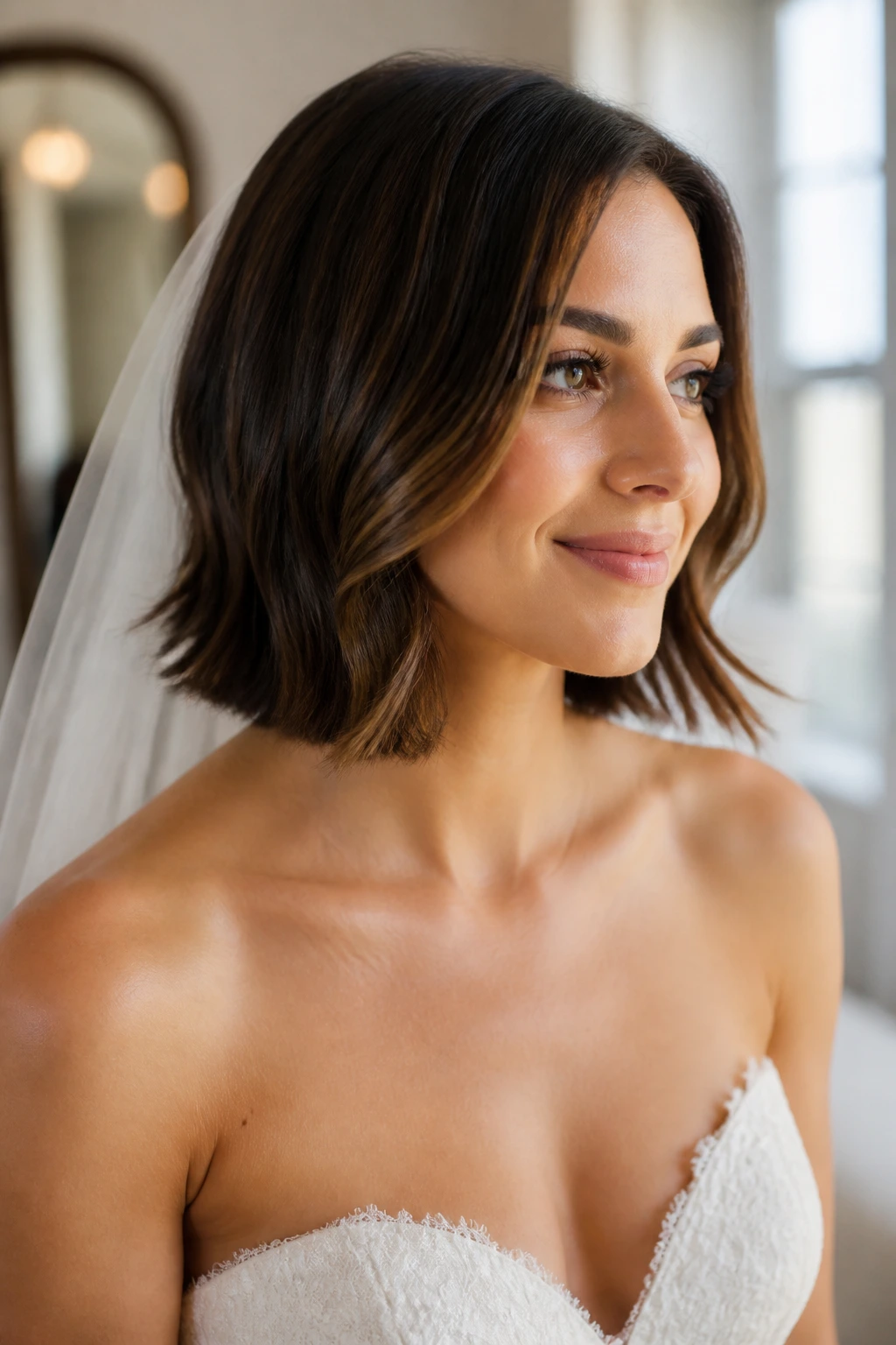 Close-up of a real bride showing a defined perimeter haircut for lasting shape